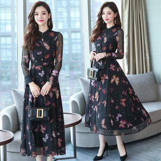 Long-sleeve Butterfly Print A-line Midi Dress