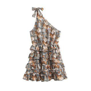 Spaghetti-strap One-shoulder Print Mini A-line Dress