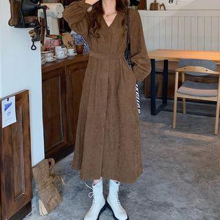 Long-sleeve V-neck Buttoned Midi Dress