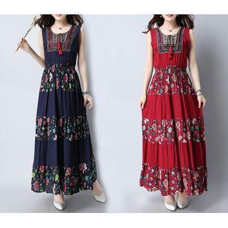 Sleeveless Printed Linen Blend A-line Maxi Dress