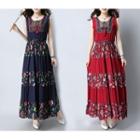 Sleeveless Printed Linen Blend A-line Maxi Dress