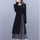 Set: Long-sleeve Slit A-line Dress + Sleeveless Midi A-line Dress