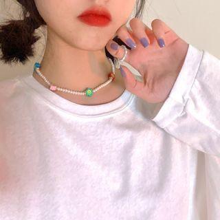 Flower Faux Pearl Necklace 1 Pc - Flower Faux Pearl Necklace - Red & Green & Blue - One Size