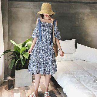 Cold-shoulder Leaf Print A-line Dress