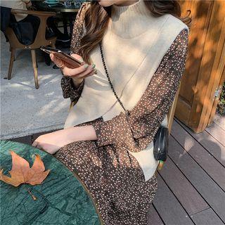 Slit Knit Vest / Long-sleeve Floral Print Midi A-line Dress