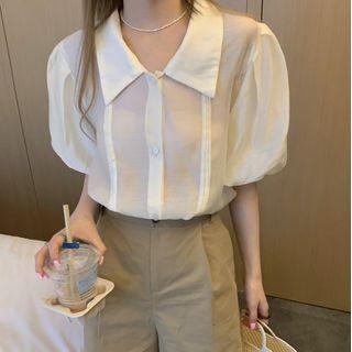 Short-sleeve Plain Blouse / High-waist Plain Shorts