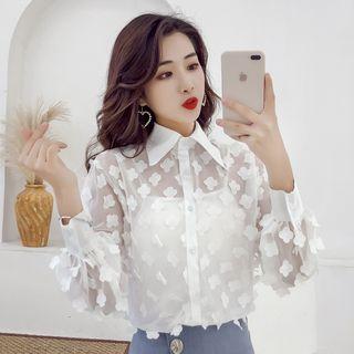 Long-sleeve Flower Accent Chiffon Blouse