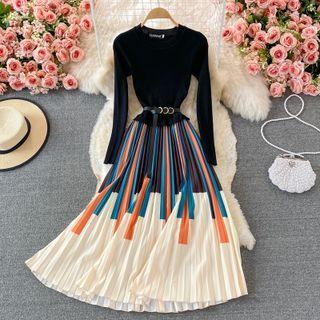 Color Block Panel Pleated Midi A-line Dress