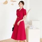 Puff-sleeve Button-detail Wrap-front Dress With Belt