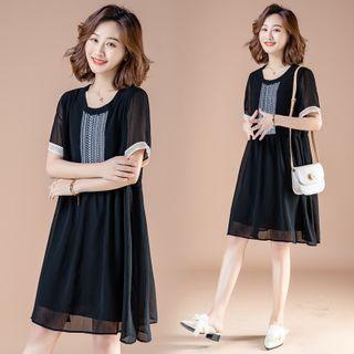 Puff-sleeve Embroidered Panel A-line Dress
