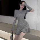 Long-sleeve Plaid Cutout Mini A-line Dress