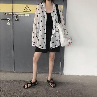 Long-sleeve Heart Print Chiffon Blouse White - One Size