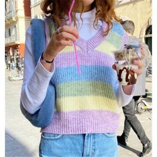 V-neck Striped Knit Vest Purple - One Size