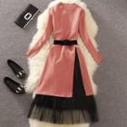 Set: Plain Long Sleeve Side Slit Knit Dress + Mesh Skirt