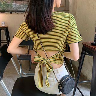 Short-sleeve Open Back Striped T-shirt