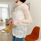 High-neck Sheer Crochet Blouse Ivory - One Size
