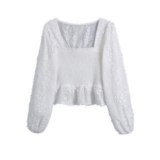 Long-sleeve Floral Shirred Blouse
