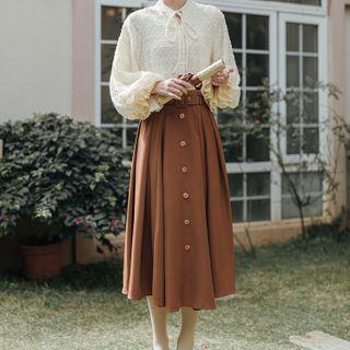 Set : Butterfly Lace-up Shirt + Plain A-line Skirt