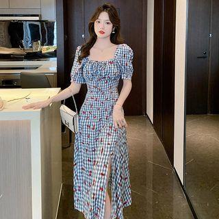 Puff-sleeve Gingham Slit Midi A-line Dress