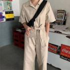 Elbow-sleeve Jumpsuit With Sash As Shown In Figure - One Size