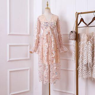 Bell-sleeve Sequined Maxi Mesh Dress