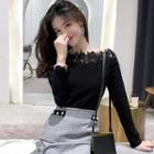 Off-shoulder Long-sleeve Lace Panel T-shirt
