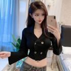 Bell-sleeve Double-breasted Crop Knit Top Black - One Size