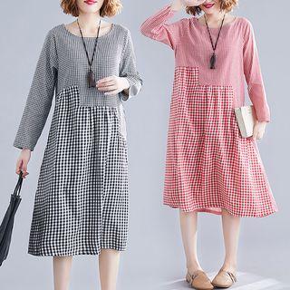 Plaid Panel Round-neck Long-sleeve Dress