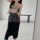 High-waist Washed Denim A-line Split Skirt