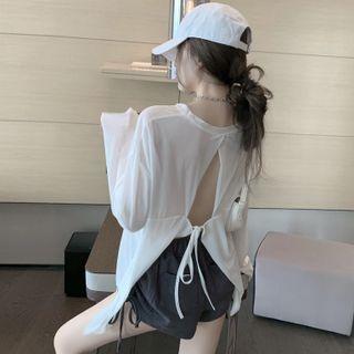 Long-sleeve Plain Tie-back Sheer T-shirt