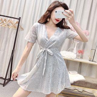 Sequined Short-sleeve Mini A-line Dress