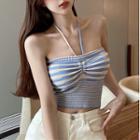 Halter-neck Striped Cropped Camisole Top Blue - One Size