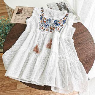 Embroidered Sleeveless A-line Dress White - One Size