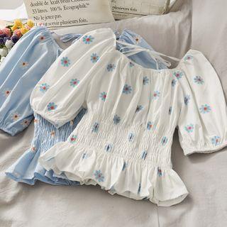 Boatneck Daisy-embroidered Smocked Crop Top