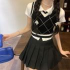 Short-sleeve Plain Top / Argyle Knit Vest / High-waist Plain Pleated Skirt