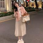 Toggle Round-neck Long-sleeve Sweater / High-waist Accordion Pleat Midi Skirt