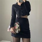 Long-sleeve Velvet Slim-fit Cropped Polo-shirt / High-waist Mini Skirt