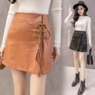 Lace-up Faux Leather A-line Skirt