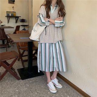 Striped Shirt Dress / Knit Vest