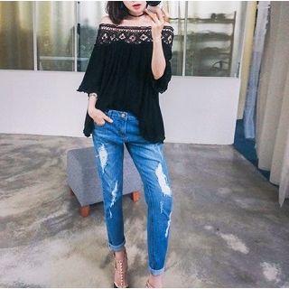 Off-shoulder Lace-panel Top Black - One Size