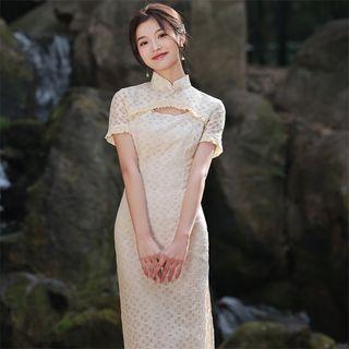 Short-sleeve Lace Cutout Midi Sheath Dress