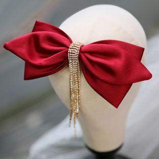Bridal Rhinestone Fringed Ribbon Headpiece Wine Red - One Size