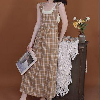 Sleeveless Plaid Midi A-line Dress Khaki - One Size