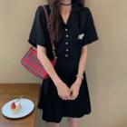 Short-sleeve Butterfly Embroidered Shirtdress Black - One Size