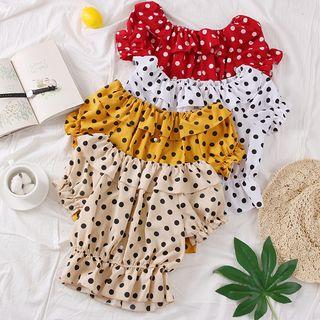 Boatneck Ruffled-trim Dotted Blouse