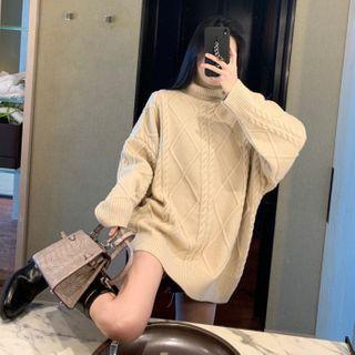 Turtle Neck Plain Cable Knit Sweater