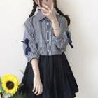 Gingham Bow Shirt / Pleated Mini A-line Skirt / Set