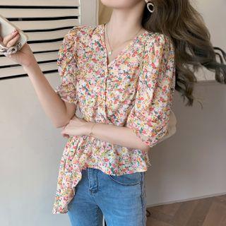 Puff-sleeve V-neck Floral Asymmetric Blouse