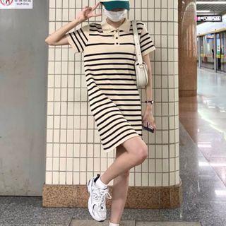 Short-sleeve Striped A-line Polo Dress Black & Off-white - One Size