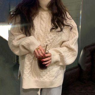 Turtleneck Long-sleeve Plain Cable Knit Sweater